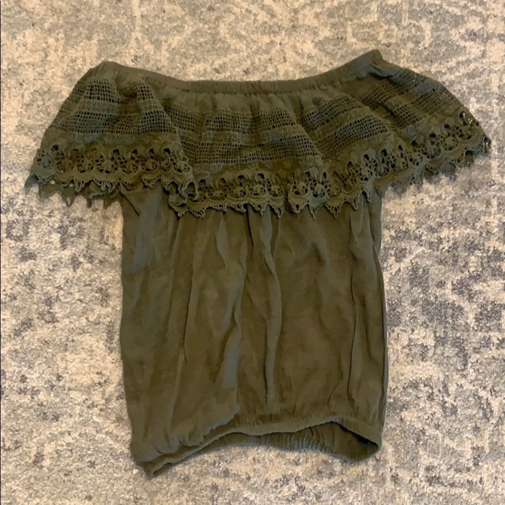 Tobi green off the shoulders embroidered top